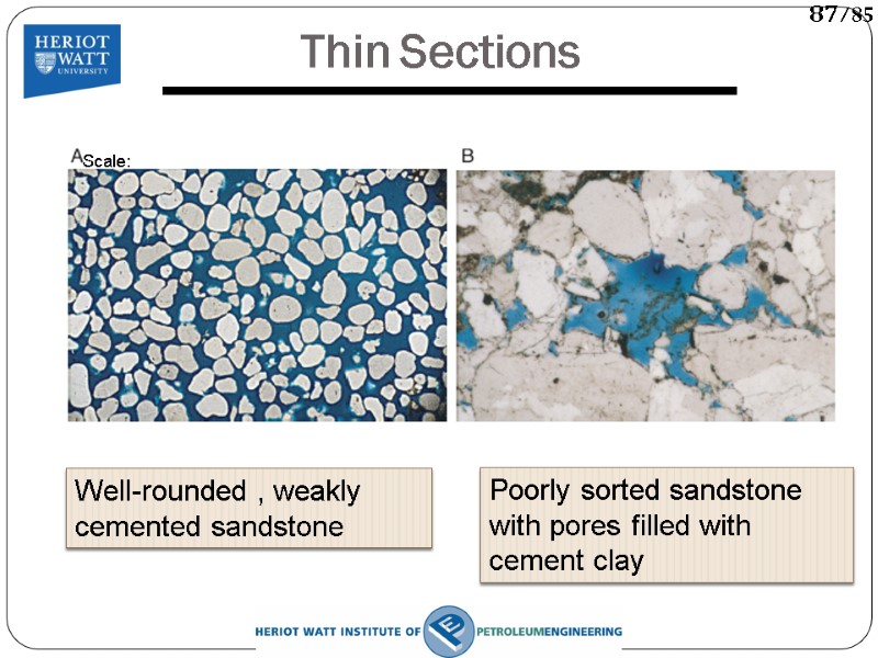 Thin Sections  Well-rounded , weakly cemented sandstone Poorly sorted sandstone with pores filled